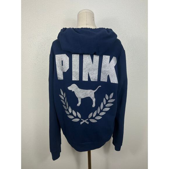 Victoria's Secret PINK Campus Bling Full Zip Glitter Hoodie Navy Blue Sz XL - Picture 5 of 6